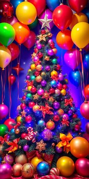 Vibrant Christmas tree surrounded by colorful ornaments and balloons, tree, ||Christmas