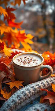 Warm autumn evening with a cup of hot chocolate, surrounded by falling leaves, evening, ||warm