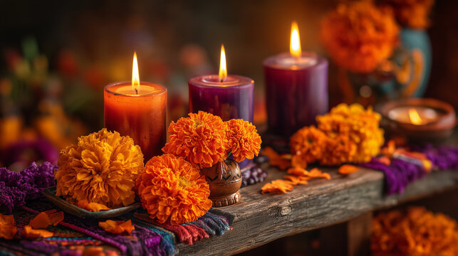 Glowing candles and vibrant orange marigold flowers arranged on a rustic altar for D&iacute;a de los Muertos, celebrating Mexican traditions, remembrance, spirituality and honoring deceased loved ones.