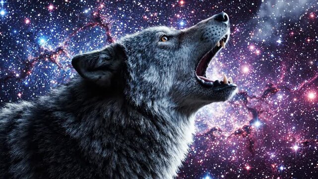 Majestic wolf howling against a vibrant, star-filled cosmic galaxy background.