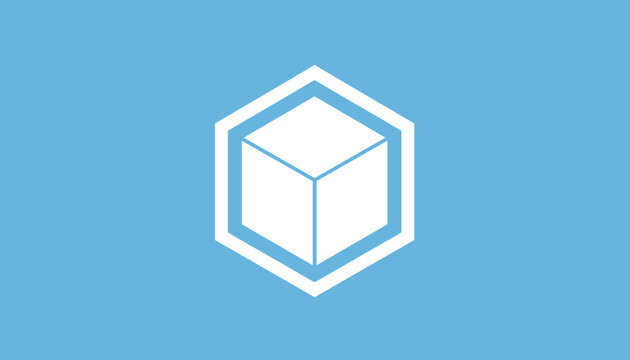 Geometric illustration of a white isometric cube centered within a white hexagon border on a bright blue background for modern tech concepts.
