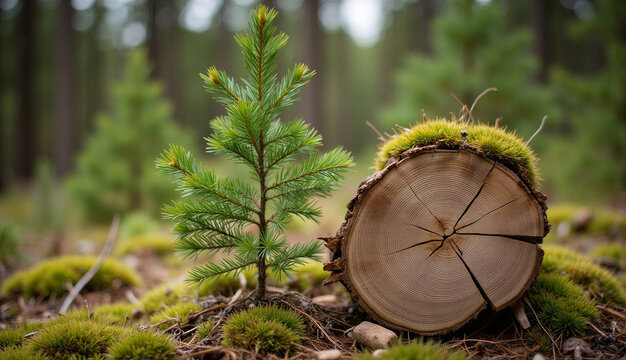 Spruce tree sapling next to a cut spruce log on a mossy forest floor