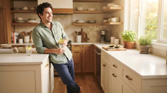 Young Man Drinking Lemon Water in Modern Kitchen, Morning Routine and Healthy Lifestyle Concept