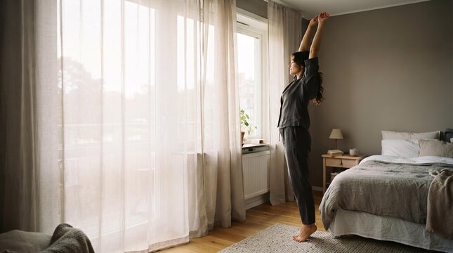 Young Woman Stretching Arms in Bedroom at Sunrise, Morning Routine and Wellness Concept