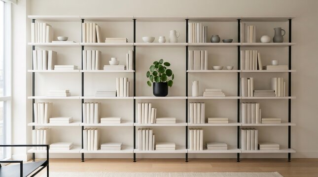 Modern Minimalist Shelving Unit with Organized Decor, Scandinavian Interior Design for Home Organization and Decluttering Concept