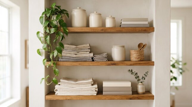 Immaculately Organized Floating Shelves with Neutral Decor, Scandinavian Minimalist Interior Design Concept