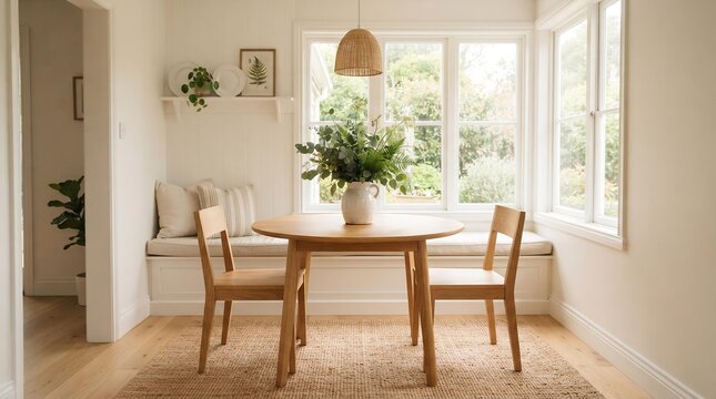Minimalist Dining Nook with Light Wood Furniture and Greenery, Scandinavian Home Organization Concept