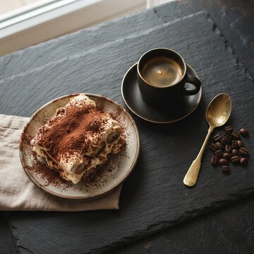 Tiramisu Slice and Espresso on Slate Surface, Professional Food Flat Lay for Restaurant Menu Photography