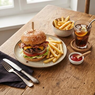 Gourmet Cheeseburger and Fries on Rustic Wooden Table, Restaurant Menu Photography for Food Marketing