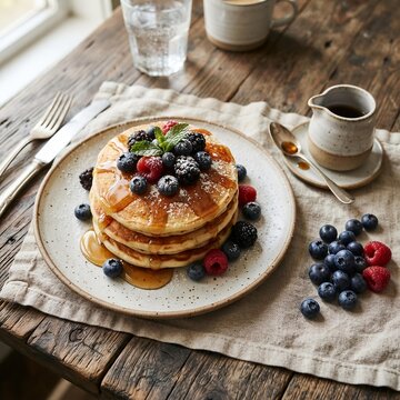 Stack of Pancakes with Fresh Berries and Syrup on Rustic Table, Appetizing Breakfast Menu Photography Concept