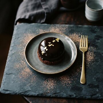Gourmet Chocolate Dessert with Gold Leaf on Slate Plate, Elegant Fine Dining Restaurant Menu Photography