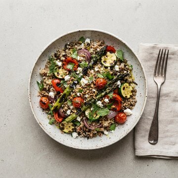 Fresh Grain Salad with Grilled Vegetables in Speckled Bowl, Healthy Eating and Restaurant Menu Photography Concept