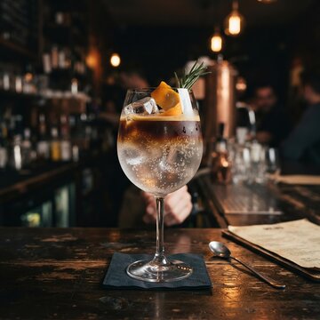 Espresso Tonic Cocktail in Stemmed Glass on Bar Counter, Sophisticated Cafe Beverage Concept