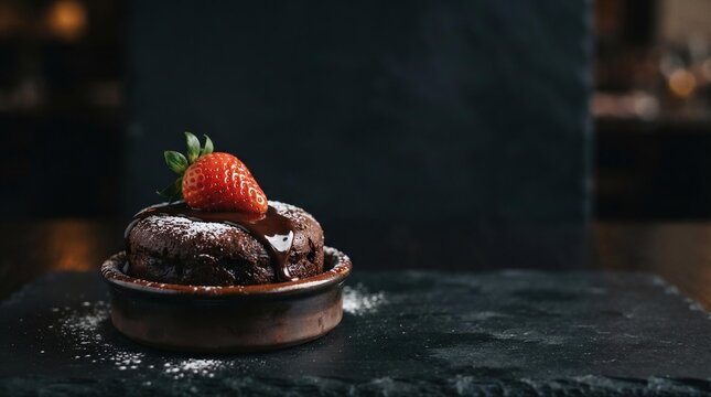 Chocolate Lava Cake on Slate Board with Copy Space for Restaurant Menu and Food Advertising Layout