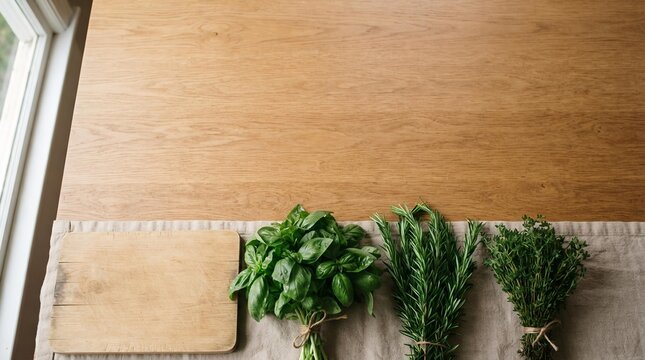 Fresh Culinary Herbs and Wooden Cutting Board on Table, Food Menu Background for Restaurant Promotion