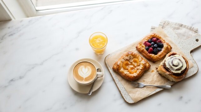 Overhead Flat Lay of Gourmet Breakfast Pastries and Latte, Weekend Brunch Lifestyle Concept