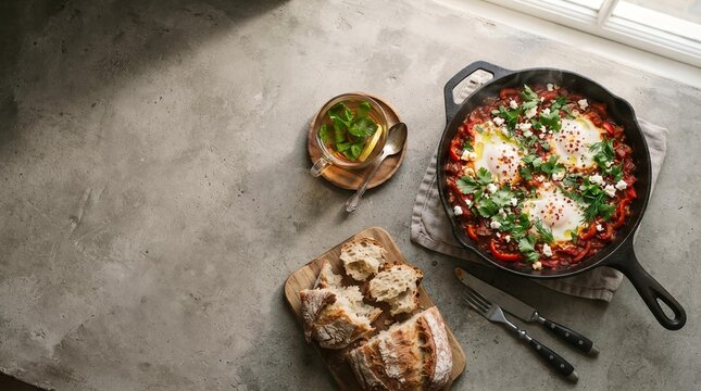 Shakshuka Breakfast Flat Lay with Crusty Bread and Tea, Weekend Brunch Concept for Food Blog and Social Media