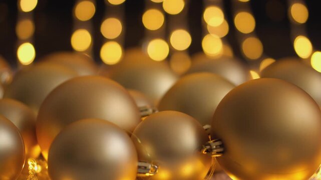 A stunning display of shimmering golden Christmas ornaments, arranged with soft, twinkling lights, creates a warm and inviting festive atmosphere that delights and captivates the senses