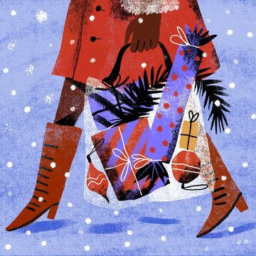 Woman Carrying Christmas Gifts Through the Snow