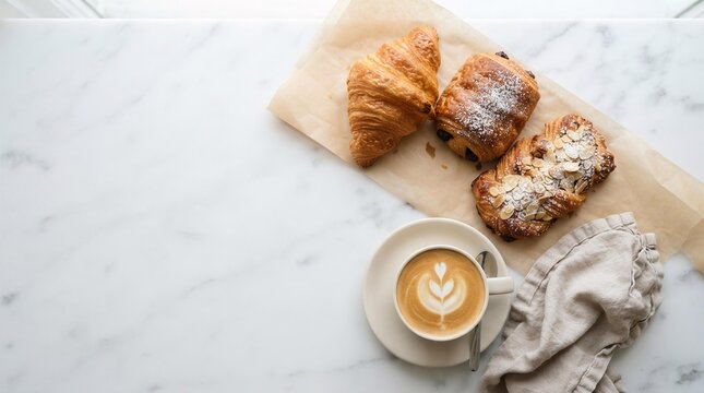 Freshly Baked French Pastries and Latte on Marble Surface, Weekend Brunch Concept for Social Media