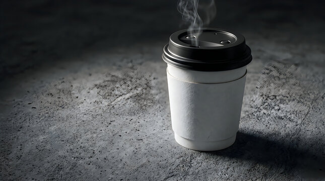 A hot coffee paper cup with a black lid and rising steam on a dark rustic textured table surface