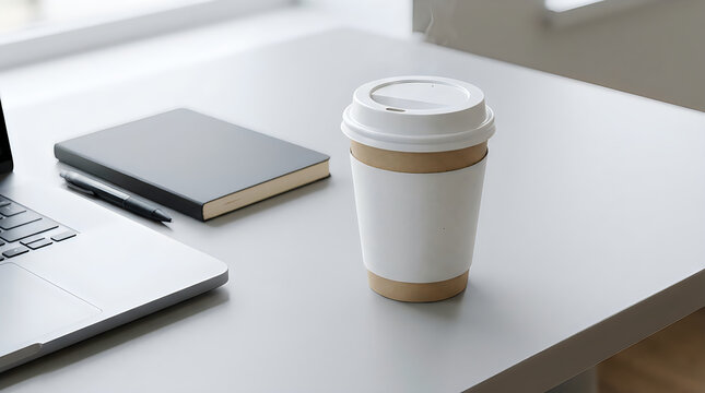 A paper coffee cup with a notebook and a laptop on a clean desk in a modern bright office space