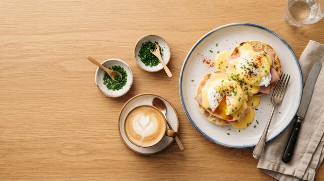 Eggs Benedict Breakfast Flat Lay with Latte on Wooden Table, Weekend Brunch Concept
