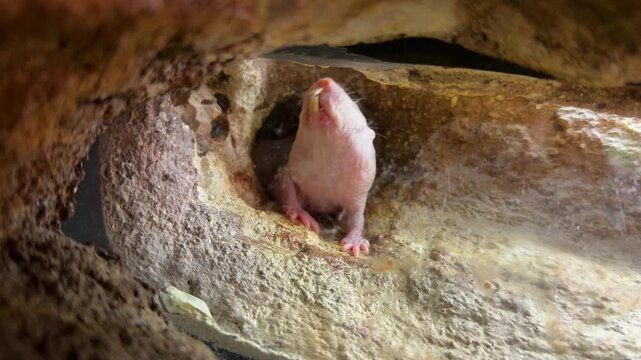 Naked mole rats moving and interacting inside a rocky underground burrow at Bioparc Valencia, Spain, showcasing unusual social behavior and adaptations of subterranean mammals.