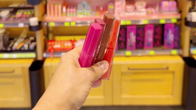 Hand Holding Several Colorful Lipsticks in Cosmetics Store &ndash; Choosing Between Different Shades Against Makeup Shelves