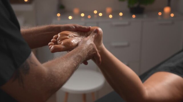 A massage therapist uses both thumbs to relax the arch and ball of the foot. The tight detail view presents reflexology care, everyday recovery and client comfort for lifestyle media.