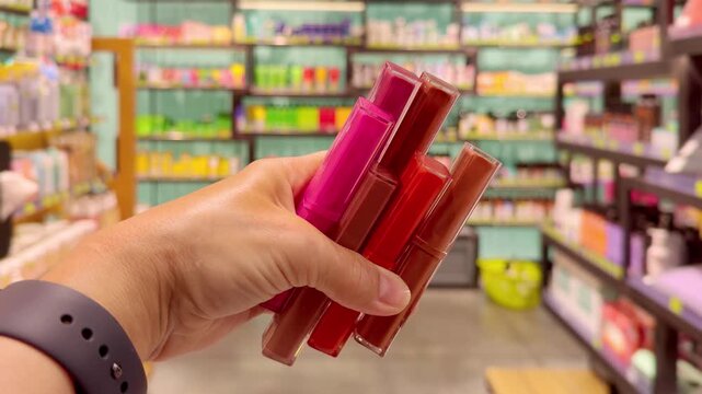 Hand Holding Several Colorful Lipsticks in Cosmetics Store &ndash; Choosing Between Different Shades Against Makeup Shelves