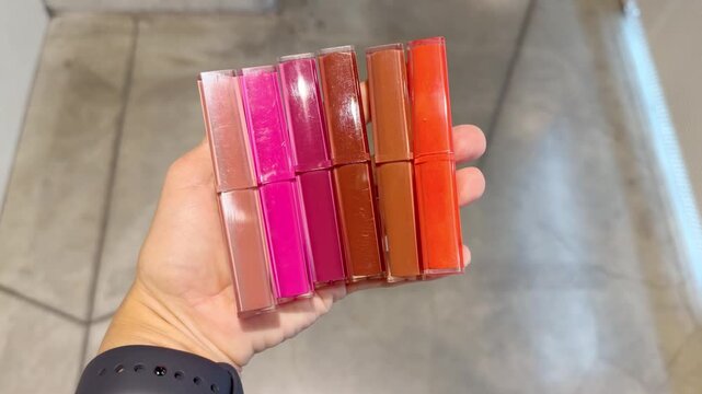 Hand Holding Several Colorful Lipsticks in Cosmetics Store &ndash; Choosing Between Different Shades Against Makeup Shelves
