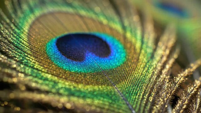 Vibrant close-up of a peacock feather showcasing its iridescent eye pattern and rich colors.