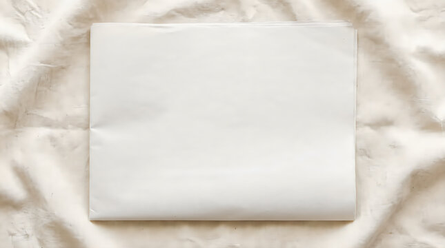Blank folded newspaper mockup placed on a soft wrinkled fabric texture background from above