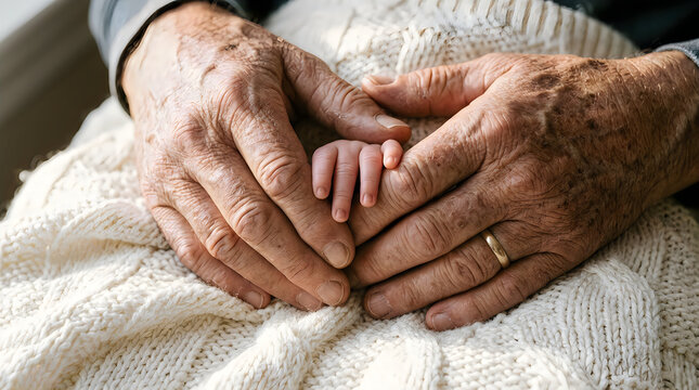 Adult hands holding tiny hands of a newborn baby with love and care for a new family life moment