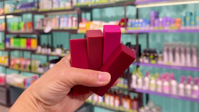 Hand Holding Shampoo Bottle and Hair Care Box in Cosmetics Store &ndash; Hair Oil, Tinted Balm and Conditioner Against Hair Care Shelves