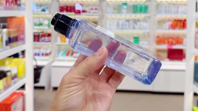 Hand Holding Shampoo Bottle and Hair Care Box in Cosmetics Store &ndash; Hair Oil, Tinted Balm and Conditioner Against Hair Care Shelves