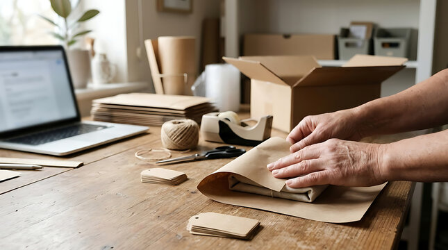 Small business shipping and packaging, person wrapping orders in brown paper at wooden desk with laptop and cardboard boxes