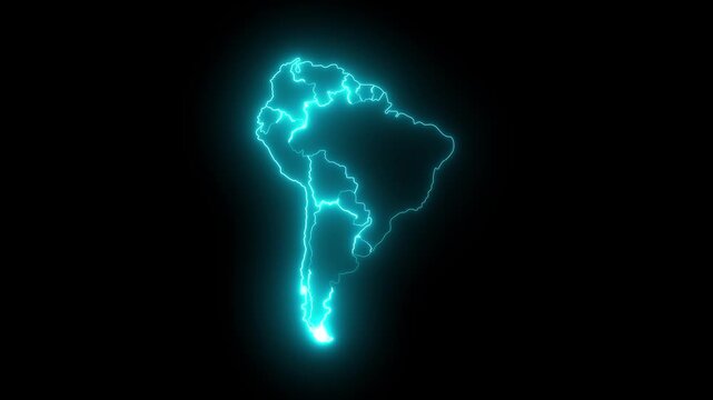 glowing neon south America map icon isolated on black background. 4k video animation.