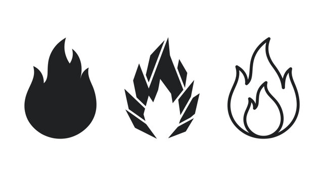 Minimalist fire flame icons set, black silhouette and outline fire symbols, 3 vector bonfire elements for logo design and web interface .