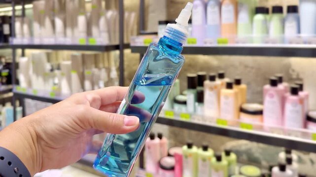 Hand Holding Shampoo Bottle and Hair Care Box in Cosmetics Store &ndash; Hair Oil, Tinted Balm and Conditioner Against Hair Care Shelves
