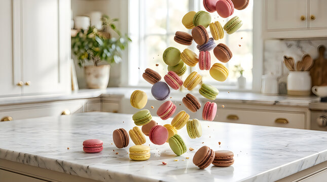 Colorful sweet french macarons falling down on a bright modern kitchen counter at home