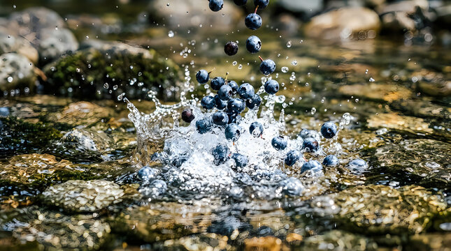 Clear water splash with colorful marbles falling into a puddle on a stone paved ground surface