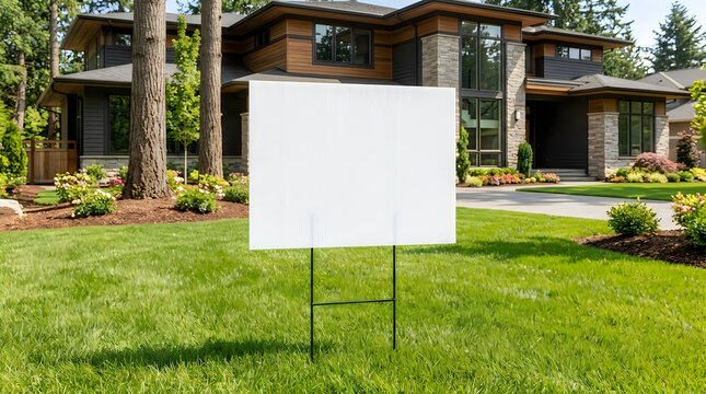 Blank white real estate sign standing on a green grass lawn in front of a modern suburban house