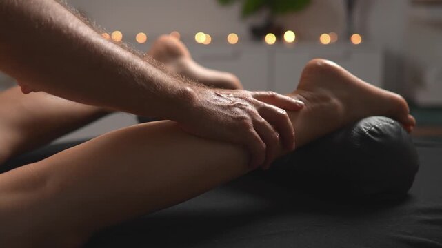 Video captures a massage therapist who massages the neck and upper shoulders of a prone client. The scene conveys neck tension relief, workplace wellness and body care for lifestyle media.
