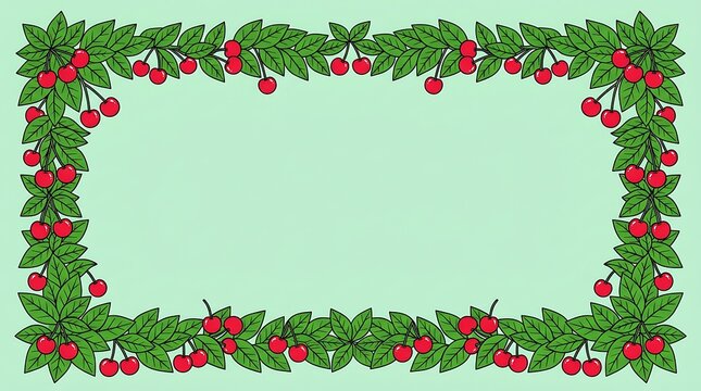 Decorative frame composed of red cherries and green leaves