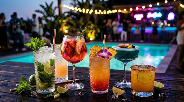 Colorful summer cocktails on a table by the pool during a lively evening party with string lights