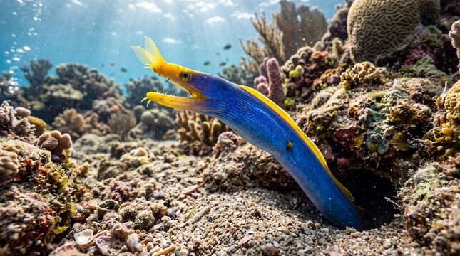 ribbon eel (rhinomuraena quaesita) with mouth open extending from sand burrow near coral reef