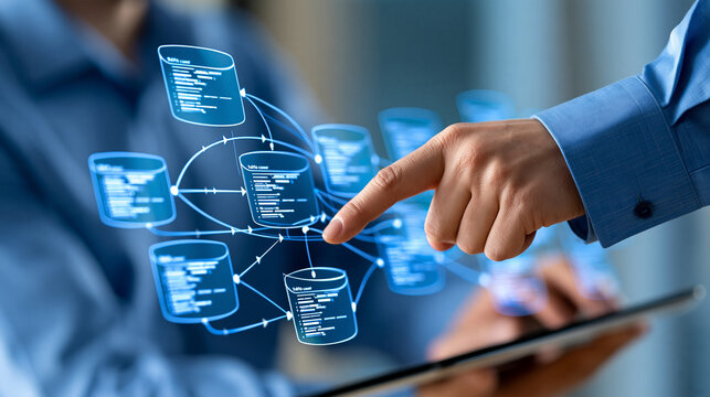 Software engineer designing a relational database schema on a digital interface, interconnected tables, structured fields, entity relationships, backend development, enterprise