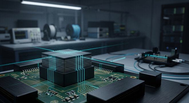 Stacked high bandwidth memory HBM DRAM cube on an interposer substrate showing data transmission in a hardware engineering testing laboratory